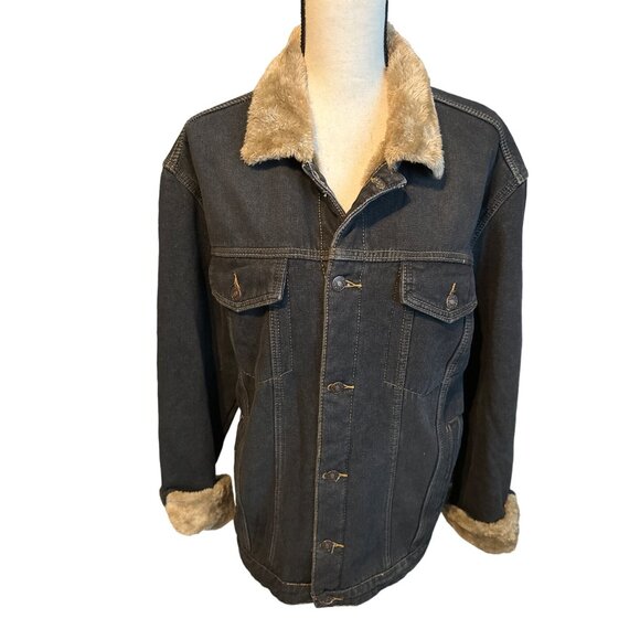 JYG Dark Denim Lined Jean Jacket Mid Length Faux Fur Fully Lined Vintage Size XL - Picture 1 of 6